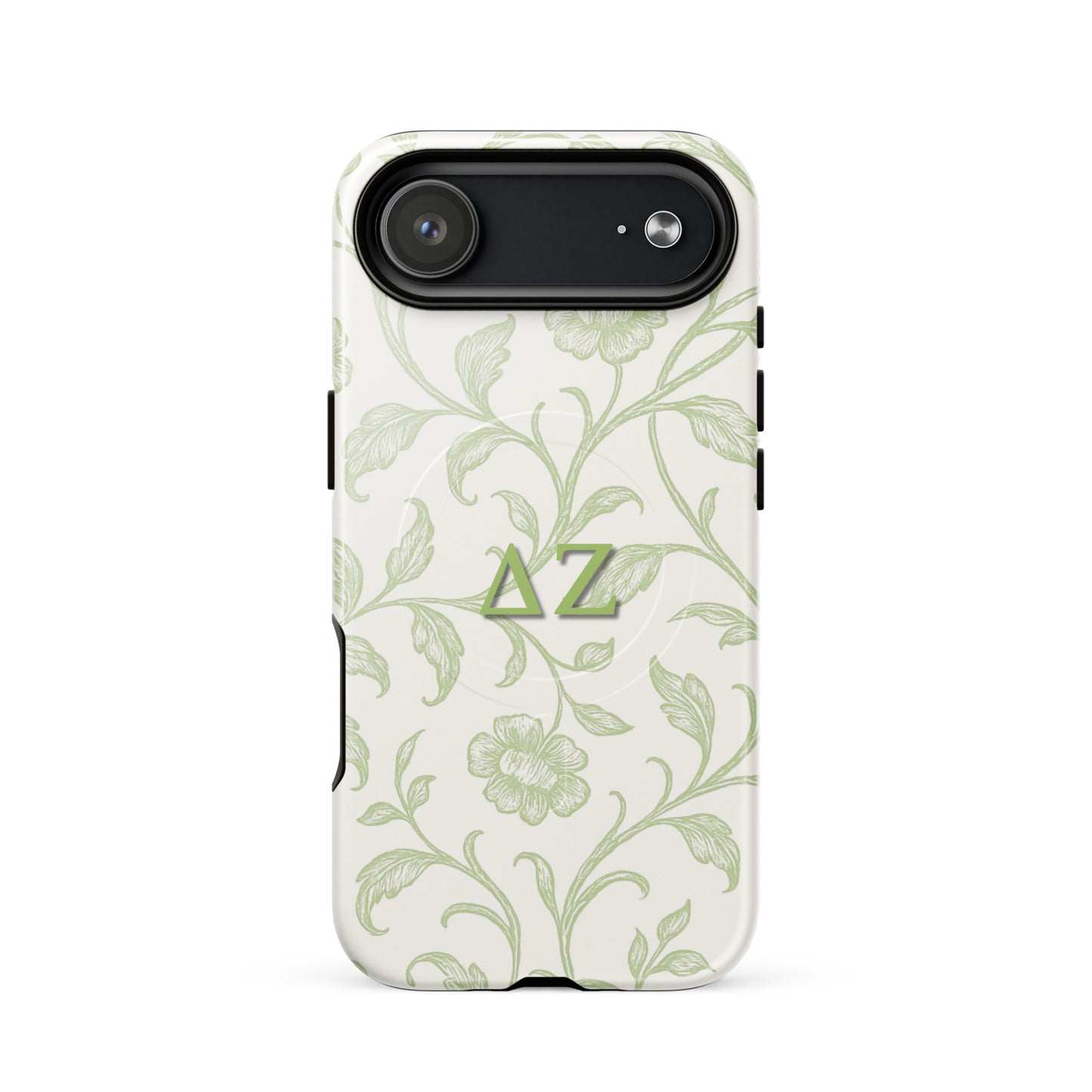 Delta Zeta iPhone 17 Air case with soft green floral pattern and ΔΖ Greek letters
