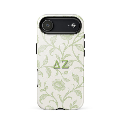 Delta Zeta iPhone 17 Air case with soft green floral pattern and ΔΖ Greek letters