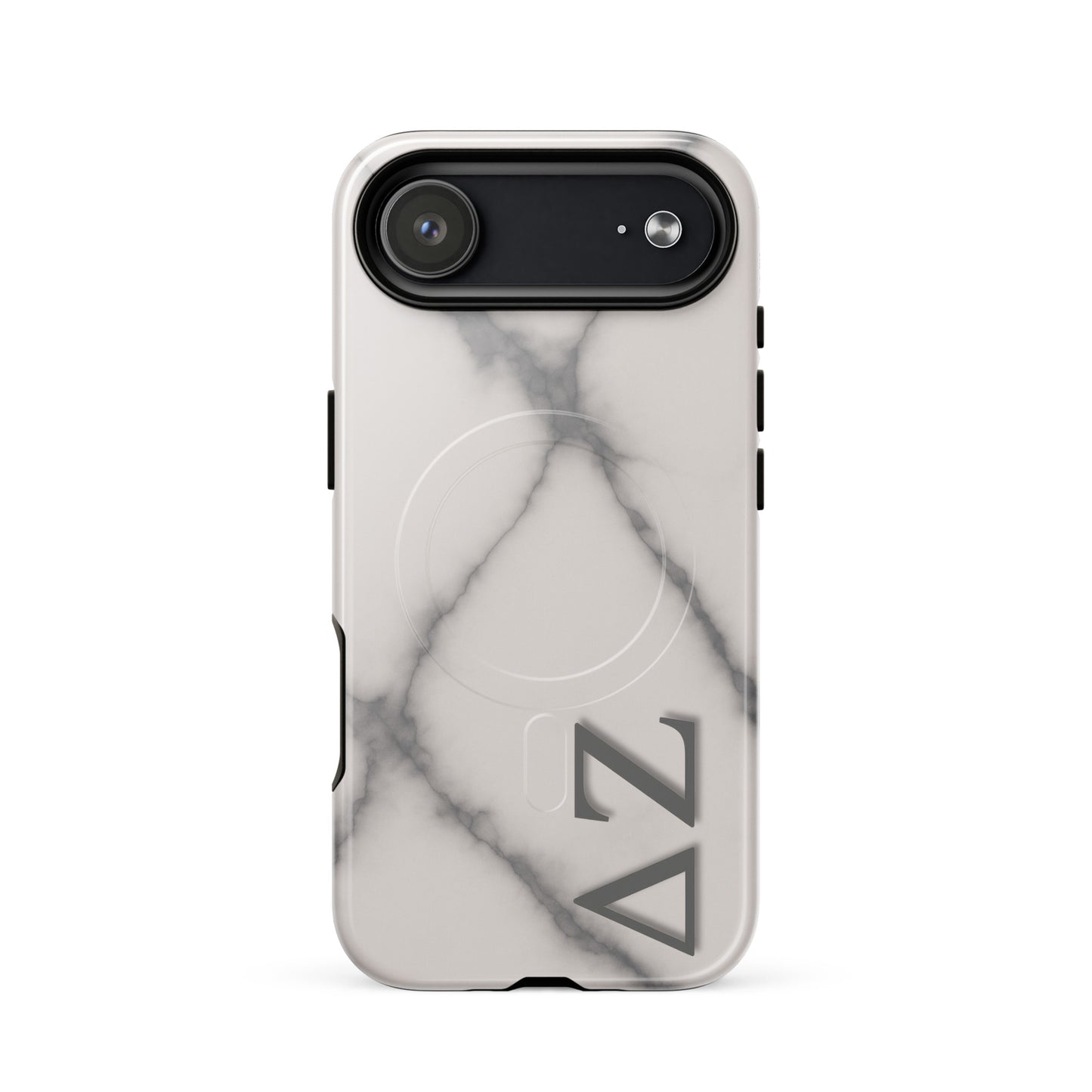 Delta Zeta phone case with marble design MagSafe compatible tough cover in glossy or matte finish shown on iPhone 17 Air