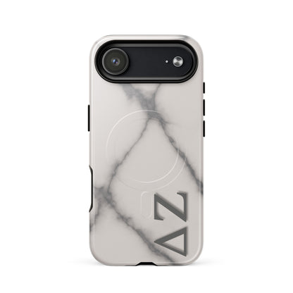 Delta Zeta phone case with marble design MagSafe compatible tough cover in glossy or matte finish shown on iPhone 17 Air