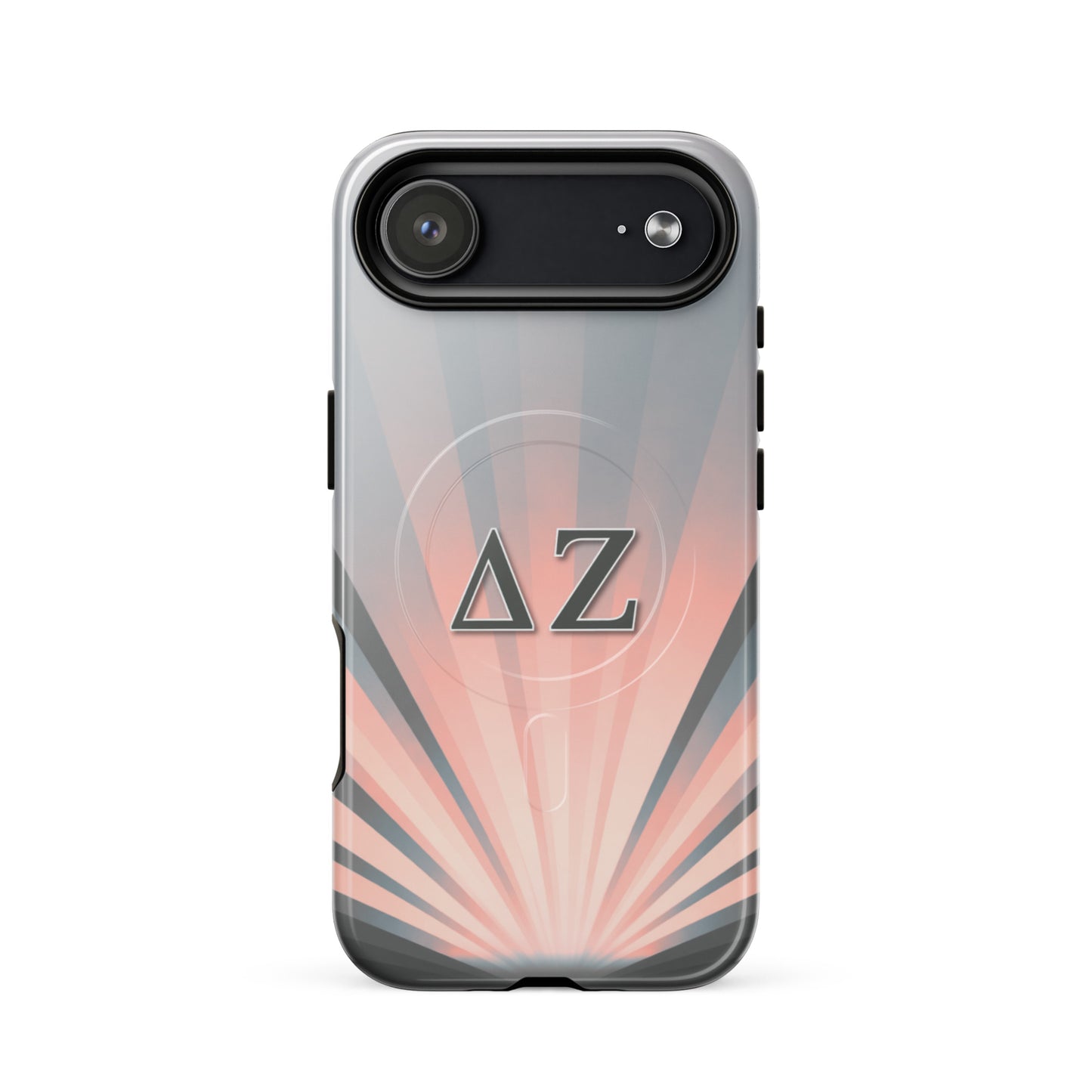Delta Zeta iPhone 17 Air MagSafe case pink and gray sunburst with ΔΖ Greek letters glossy or matte finish