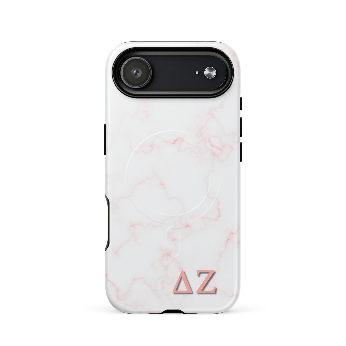 Delta Zeta pink marble iPhone MagSafe case with ΔΖ letters glossy or matte shown on iPhone 17 Air