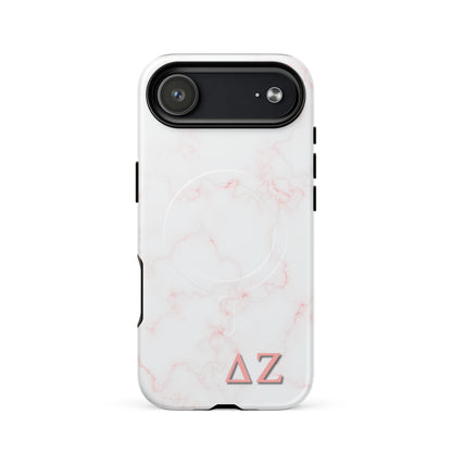 Delta Zeta pink marble iPhone MagSafe case with ΔΖ letters glossy or matte shown on iPhone 17 Air