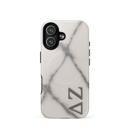 Delta Zeta marble iPhone 17 case with white gray stone pattern and ΔΖ Greek letters