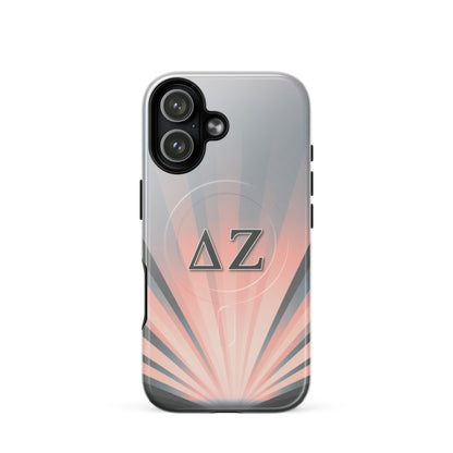 Delta Zeta matte iPhone 17 case with soft pink and gray rays and ΔΖ letters MagSafe tough cover