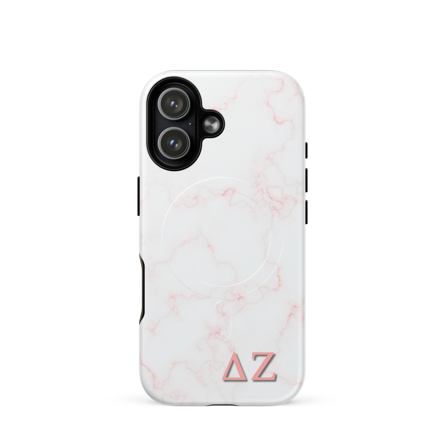 Delta Zeta iPhone 17 case with soft pink marble pattern and ΔΖ Greek letters