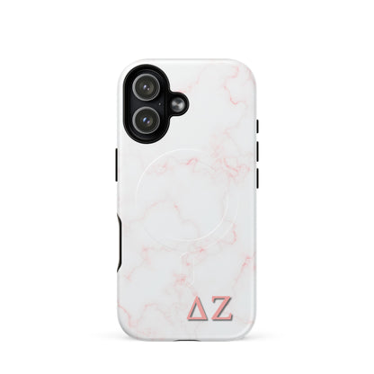 Delta Zeta iPhone 17 case with soft pink marble pattern and ΔΖ Greek letters