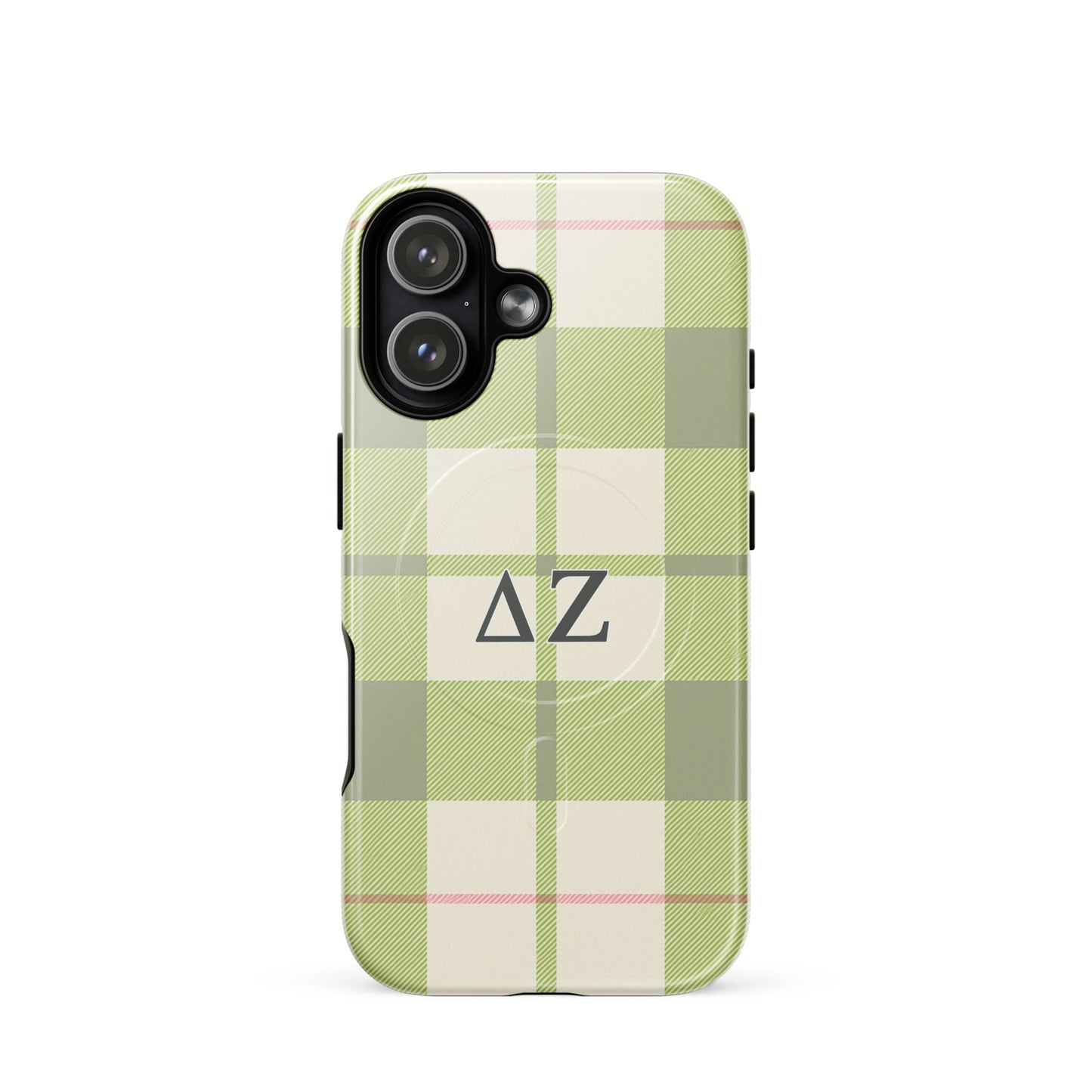 Delta Zeta iPhone 17 case with green plaid pattern and ΔΖ Greek letters