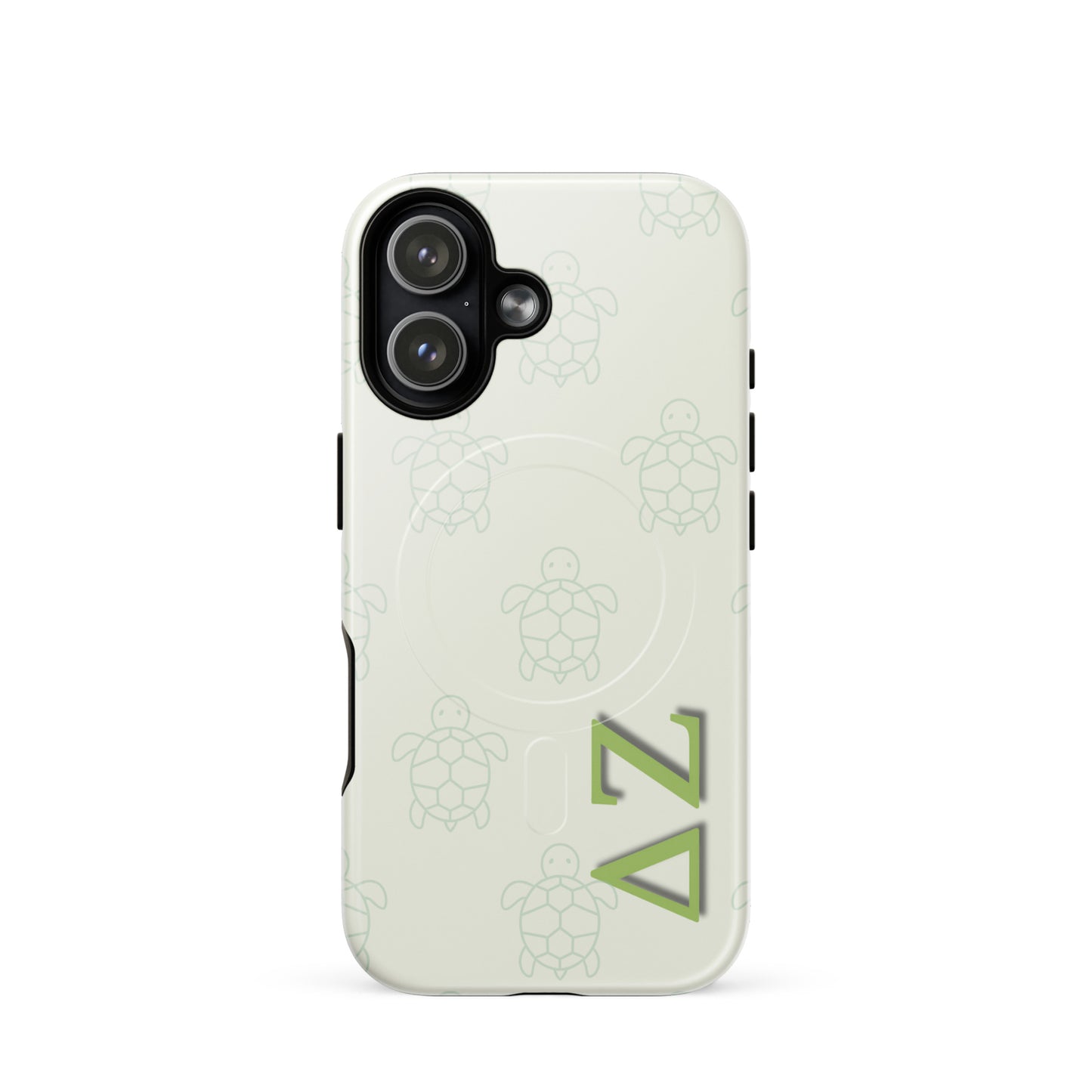 Delta Zeta phone case turtle pattern MagSafe compatible tough cover glossy or matte shown on iPhone 17