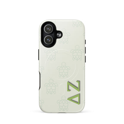 Delta Zeta phone case turtle pattern MagSafe compatible tough cover glossy or matte shown on iPhone 17