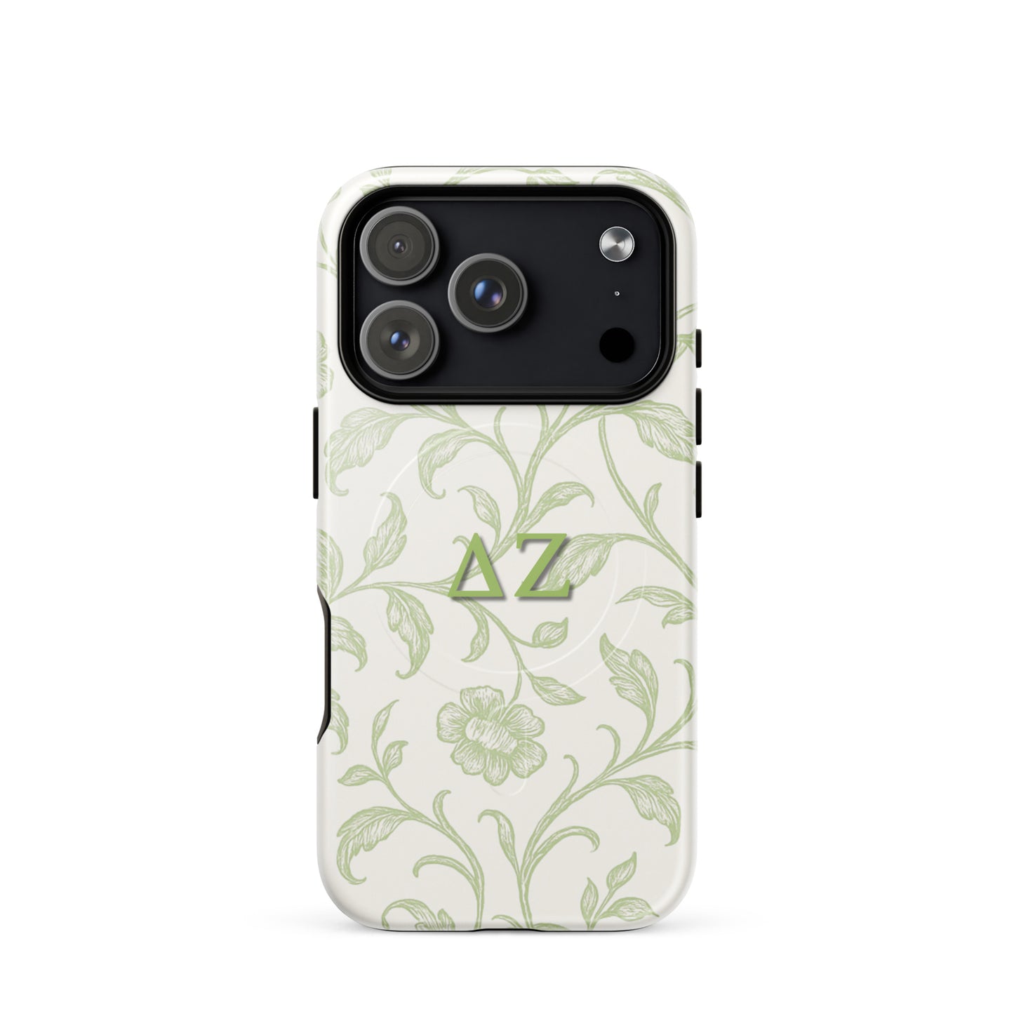 Delta Zeta phone case green botanical design MagSafe compatible tough cover glossy or matte shown on iPhone 17 Pro
