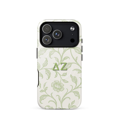 Delta Zeta phone case green botanical design MagSafe compatible tough cover glossy or matte shown on iPhone 17 Pro