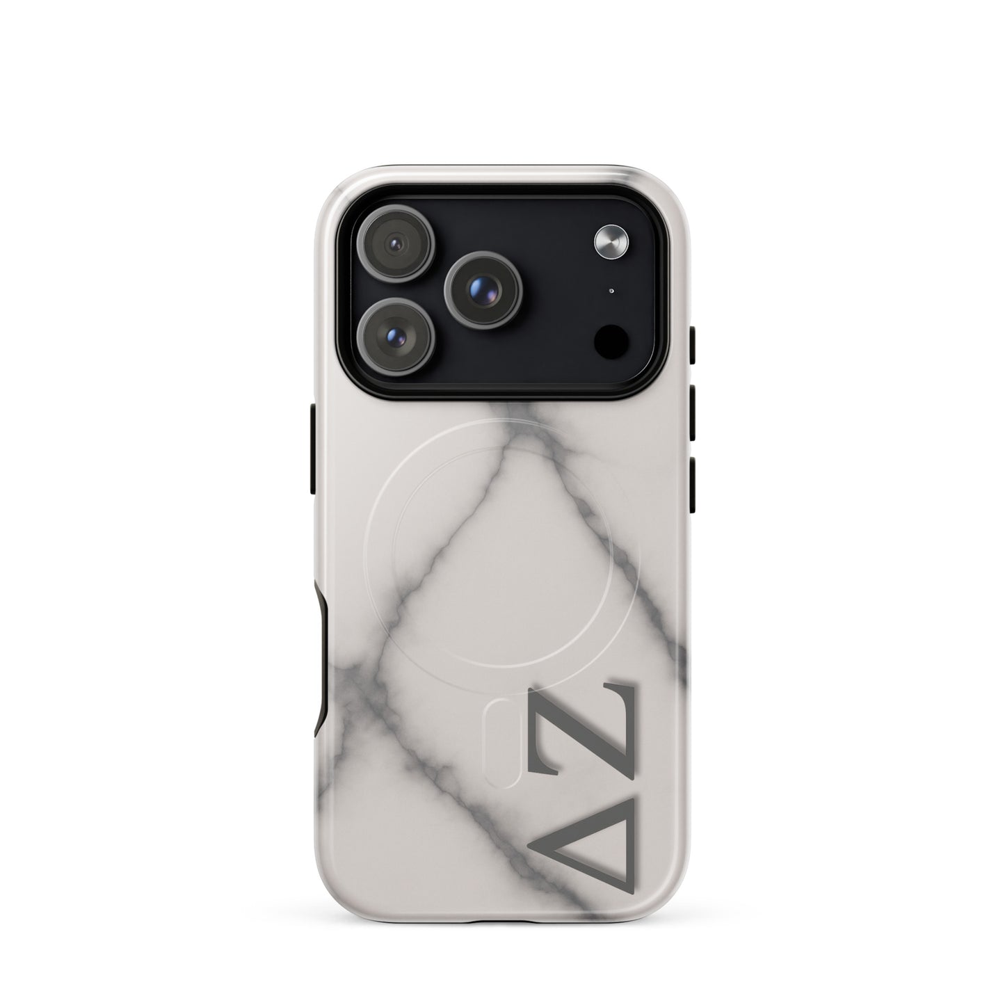 Delta Zeta iPhone 17 Pro MagSafe case white gray marble with ΔΖ letters glossy or matte