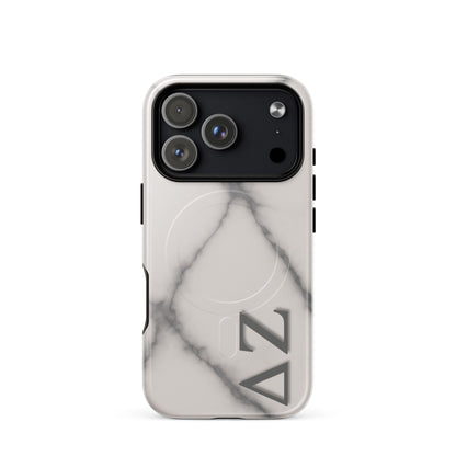 Delta Zeta iPhone 17 Pro MagSafe case white gray marble with ΔΖ letters glossy or matte