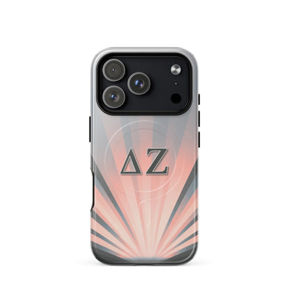 Delta Zeta glossy iPhone 17 Pro case with pink gray sunburst design and ΔΖ Greek letters MagSafe compatible