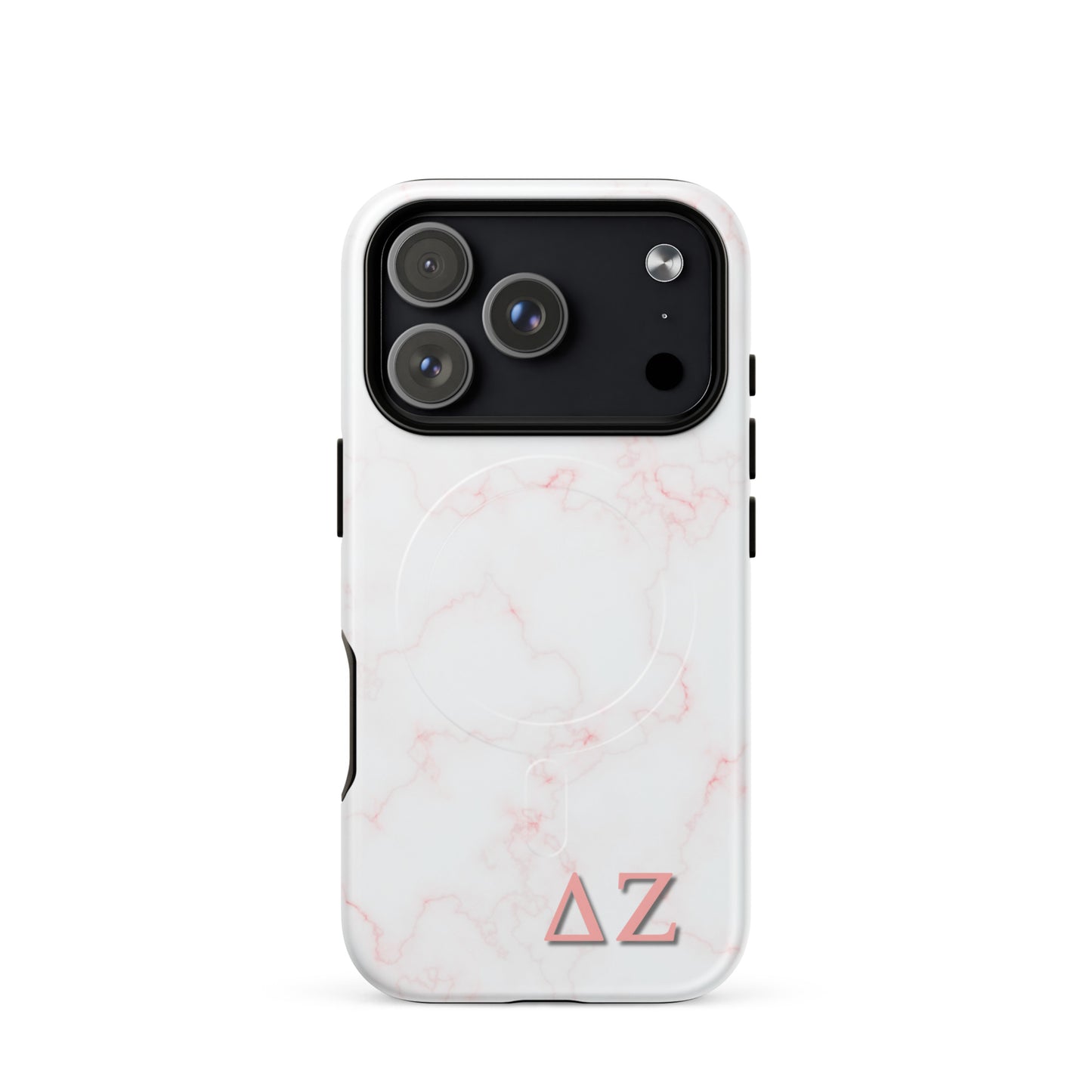 Delta Zeta iPhone 17 Pro case with soft pink marble pattern and ΔΖ Greek letters