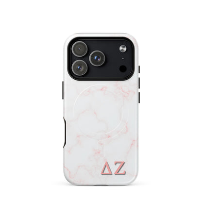 Delta Zeta iPhone 17 Pro case with soft pink marble pattern and ΔΖ Greek letters