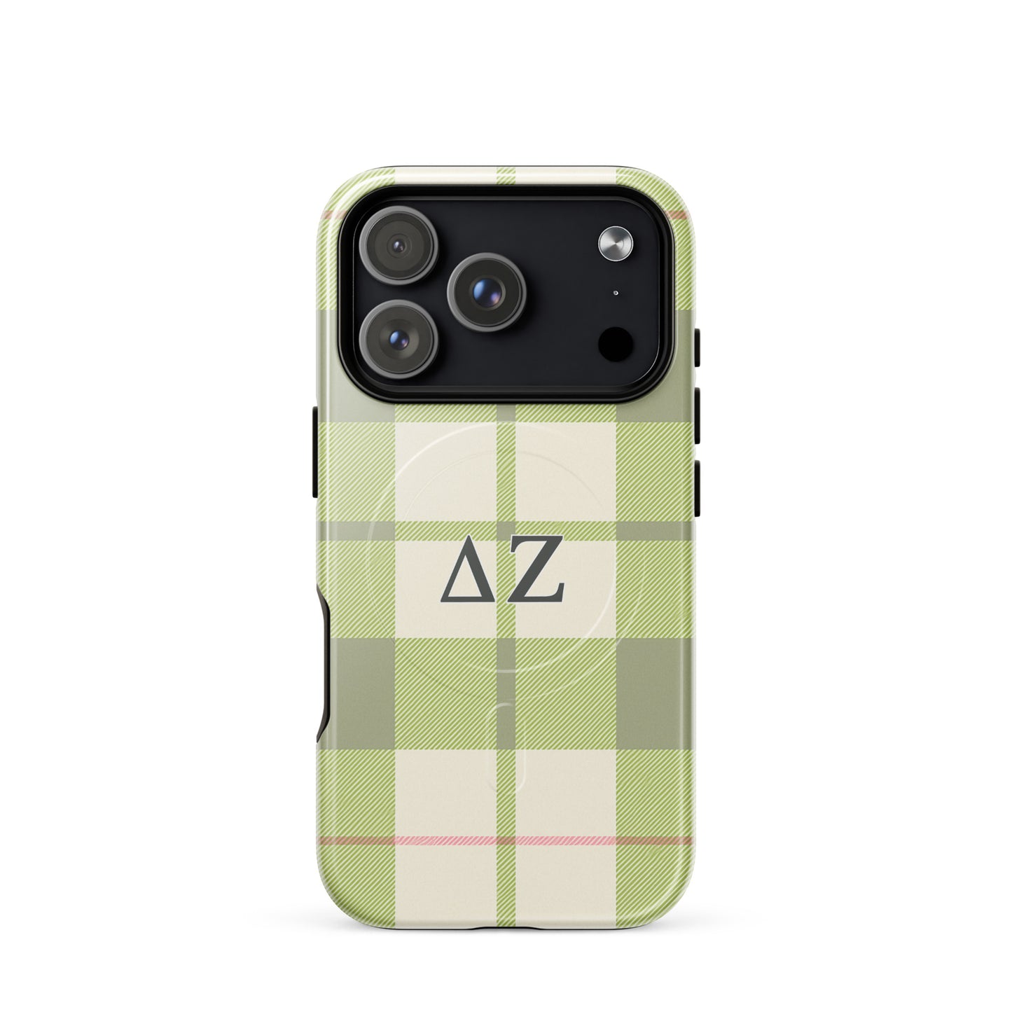 Delta Zeta phone case green plaid design MagSafe compatible tough cover glossy or matte shown on iPhone 17 Pro