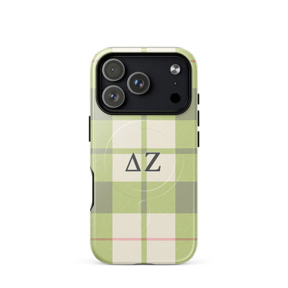Delta Zeta phone case green plaid design MagSafe compatible tough cover glossy or matte shown on iPhone 17 Pro
