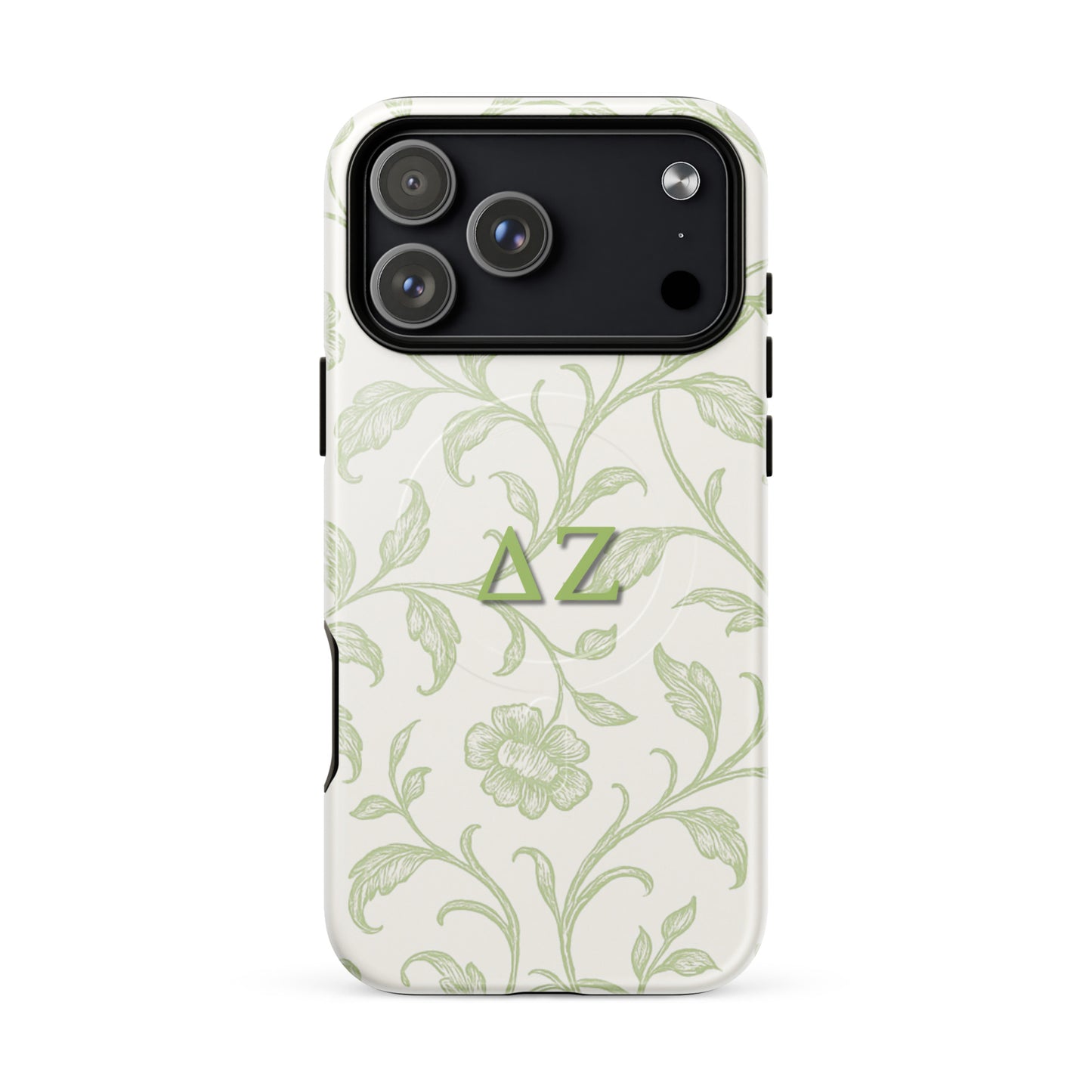 Delta Zeta green floral iPhone 17 Pro Max MagSafe case with ΔΖ letters glossy or matte