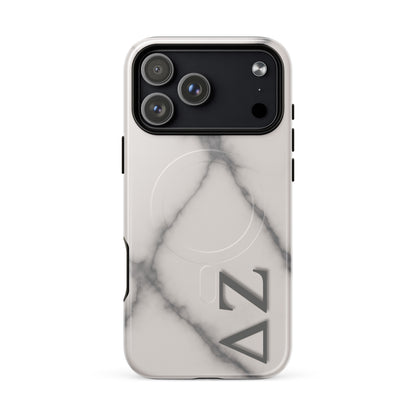 Delta Zeta marble iPhone 17 Pro Max case with white gray stone pattern and ΔΖ Greek letters