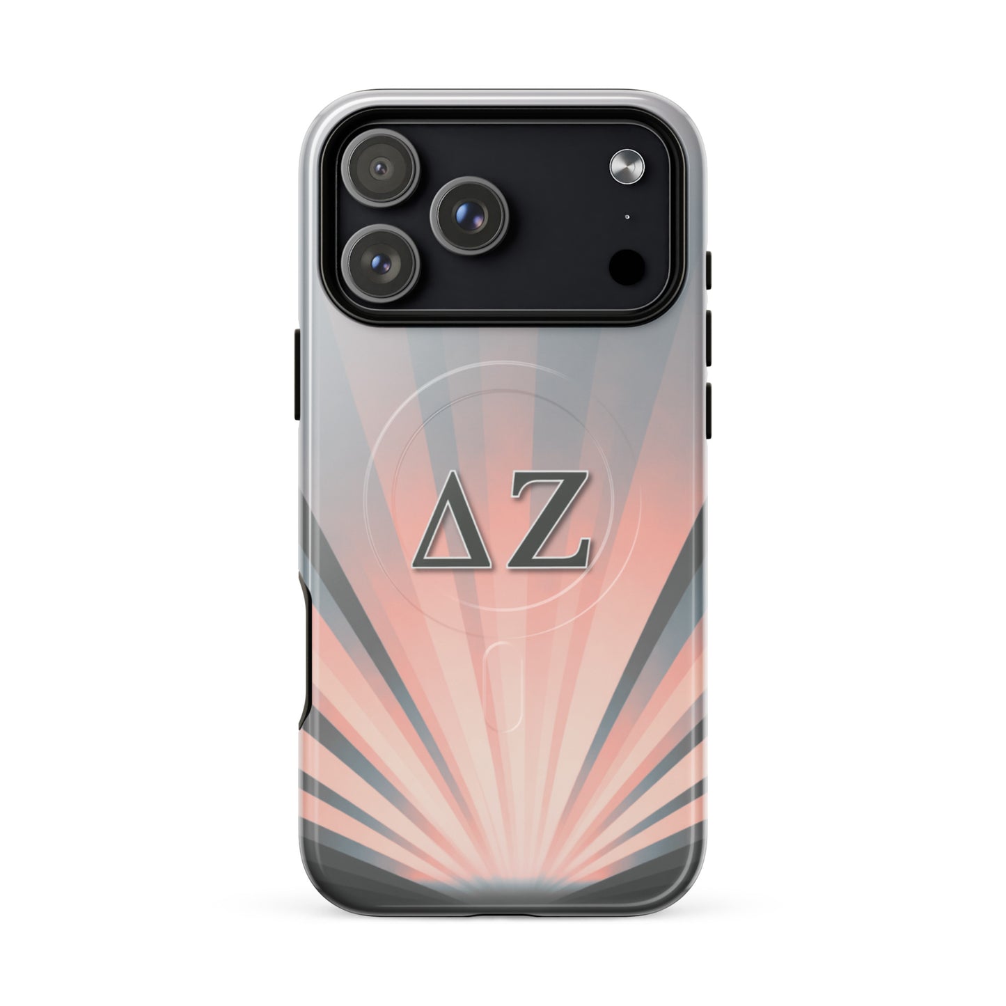Delta Zeta matte iPhone 17 Pro Max case with soft pink and gray rays and ΔΖ letters MagSafe tough cover