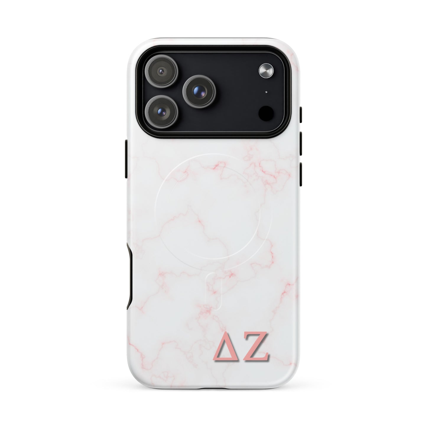 Delta Zeta phone case pink marble design MagSafe compatible tough cover glossy or matte shown on iPhone 17 Pro Max