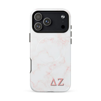 Delta Zeta phone case pink marble design MagSafe compatible tough cover glossy or matte shown on iPhone 17 Pro Max