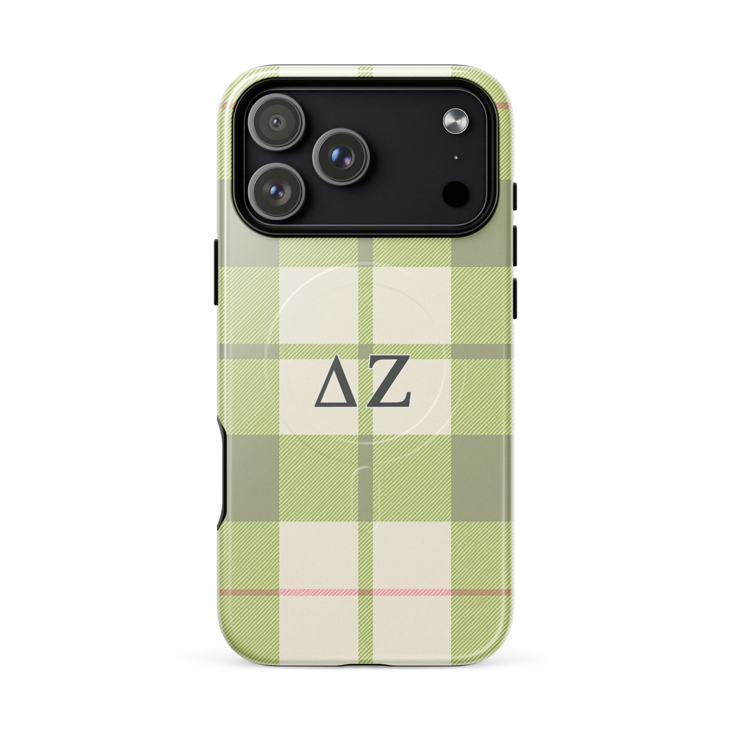 Delta Zeta green plaid iPhone 17 Pro Max MagSafe case with ΔΖ letters glossy or matte