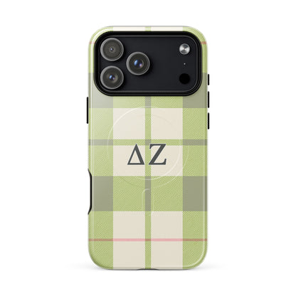 Delta Zeta green plaid iPhone 17 Pro Max MagSafe case with ΔΖ letters glossy or matte