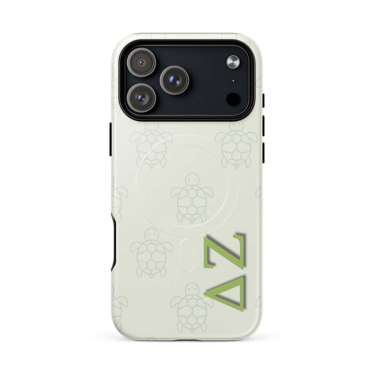 Delta Zeta iPhone 17 Pro Max case with soft green turtle design and ΔΖ Greek letters