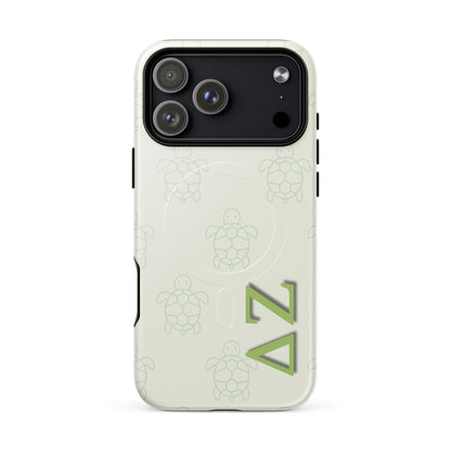 Delta Zeta iPhone 17 Pro Max case with soft green turtle design and ΔΖ Greek letters