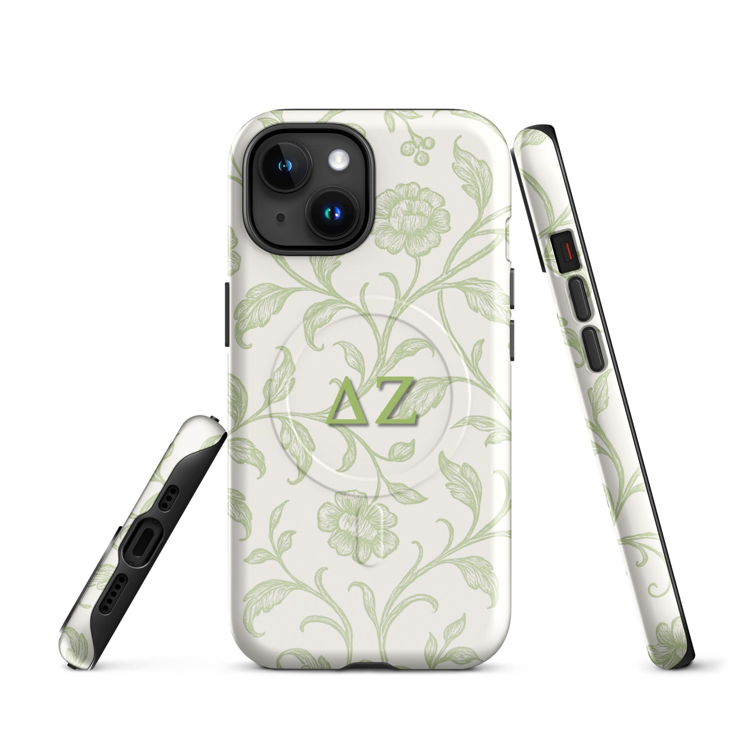 Delta Zeta iPhone case with soft green floral pattern and ΔΖ Greek letters front and side views.