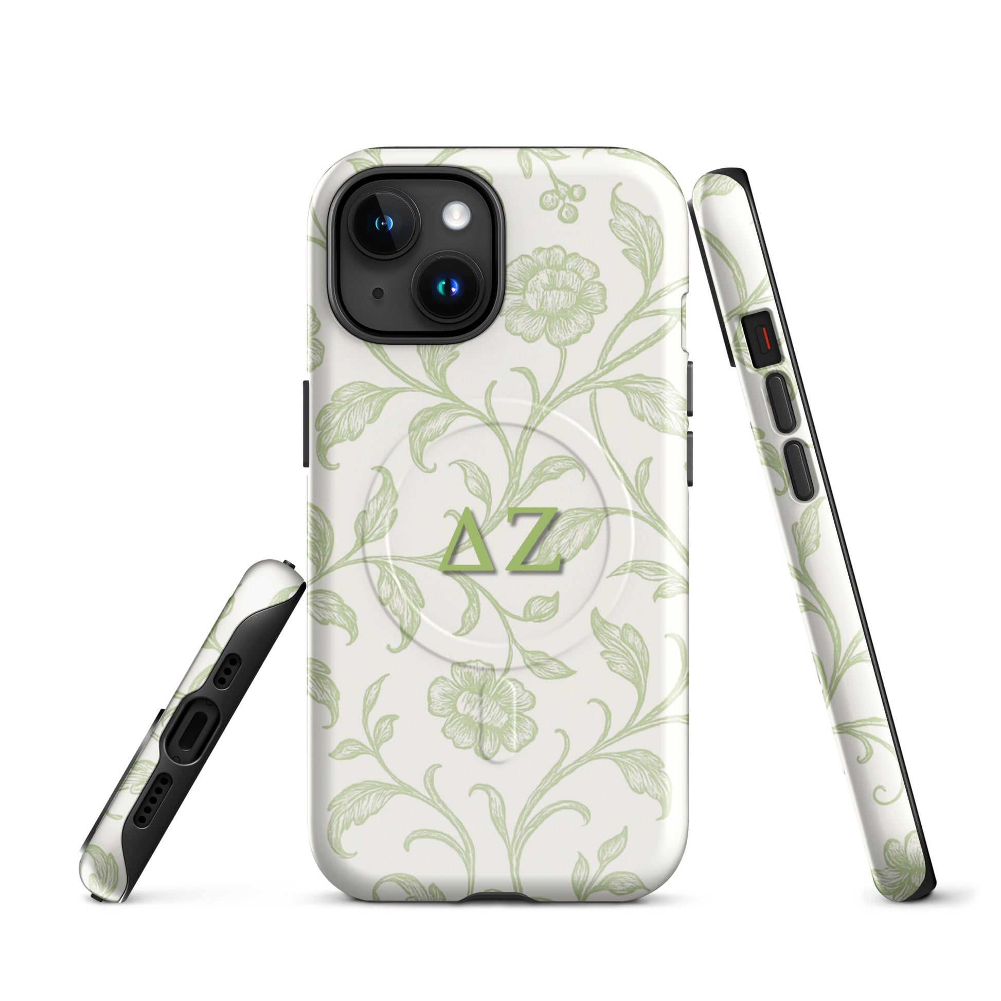 Delta Zeta iPhone case with soft green floral pattern and ΔΖ Greek letters front and side views.