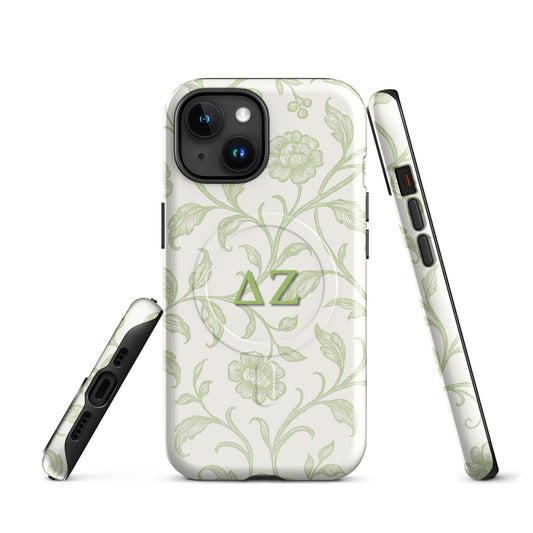 Delta Zeta iPhone case with soft green floral pattern and ΔΖ Greek letters front and side views.