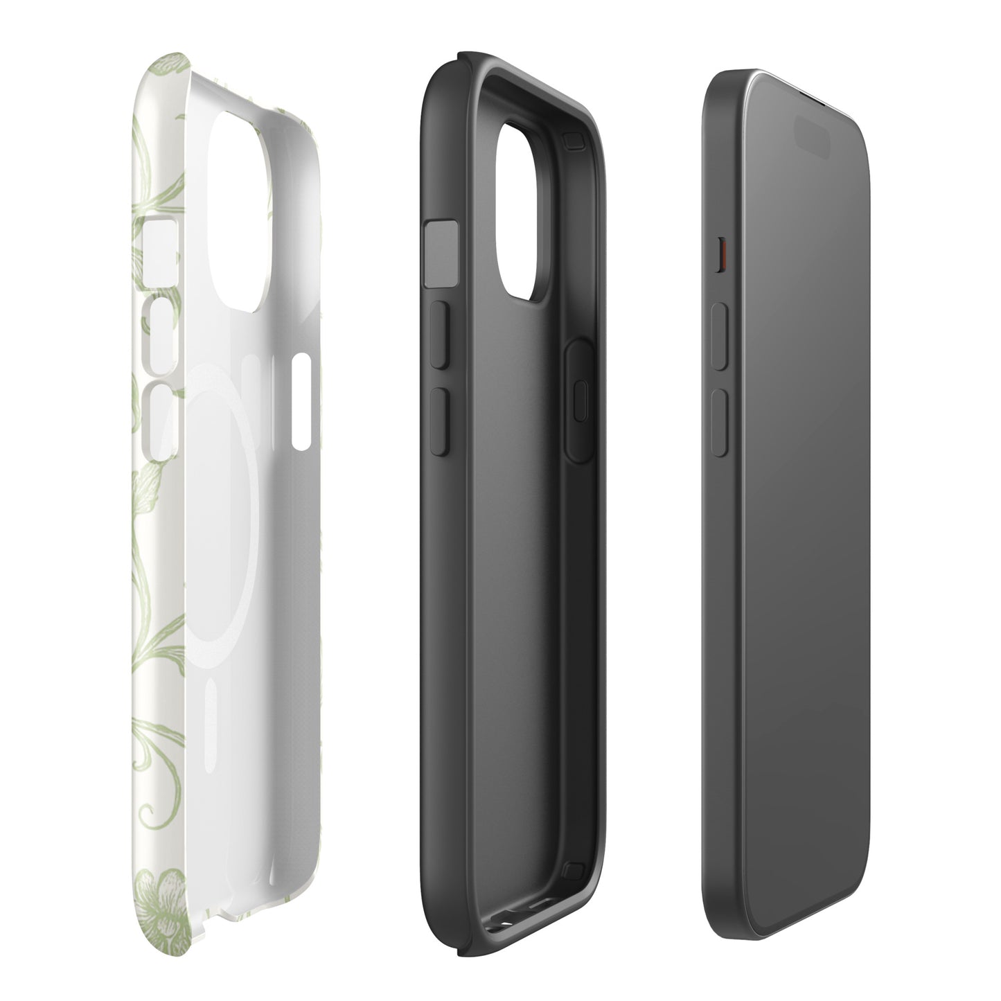 Delta Zeta phone case green botanical design MagSafe compatible tough cover glossy or matte showing inner protective layer.