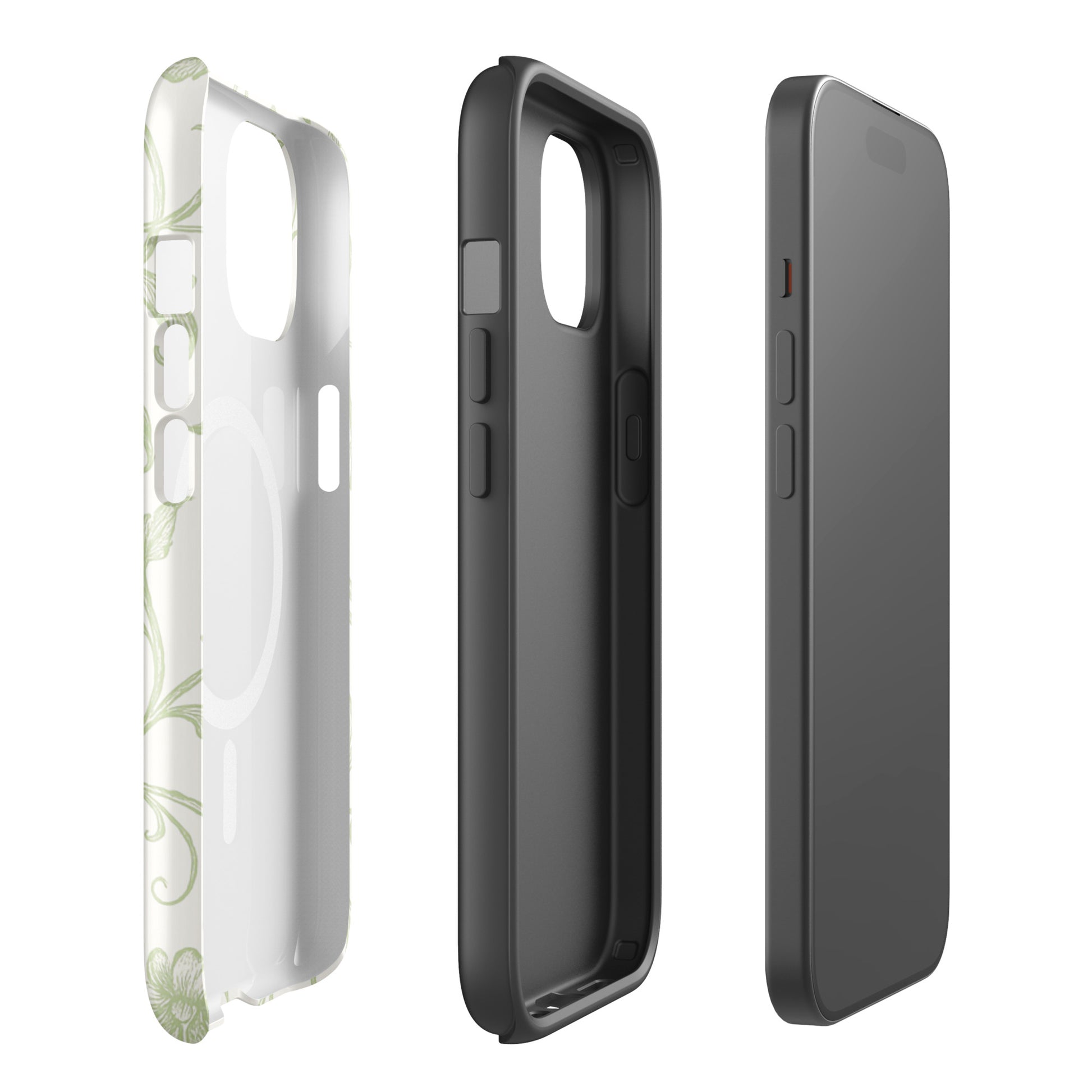 Delta Zeta phone case green botanical design MagSafe compatible tough cover glossy or matte showing inner protective layer.