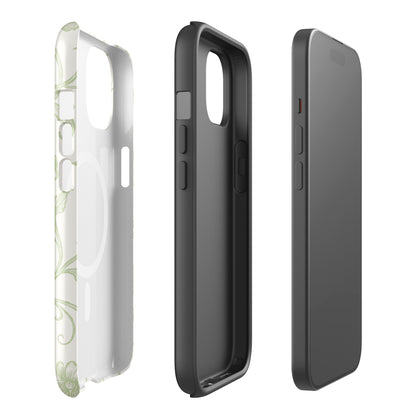 Delta Zeta phone case green botanical design MagSafe compatible tough cover glossy or matte showing inner protective layer.