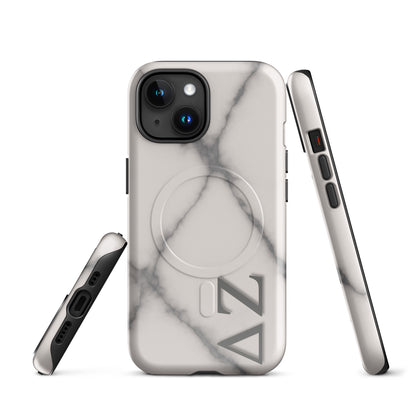 Delta Zeta marble iPhone case with white gray stone pattern and ΔΖ Greek letters showing front and side views.