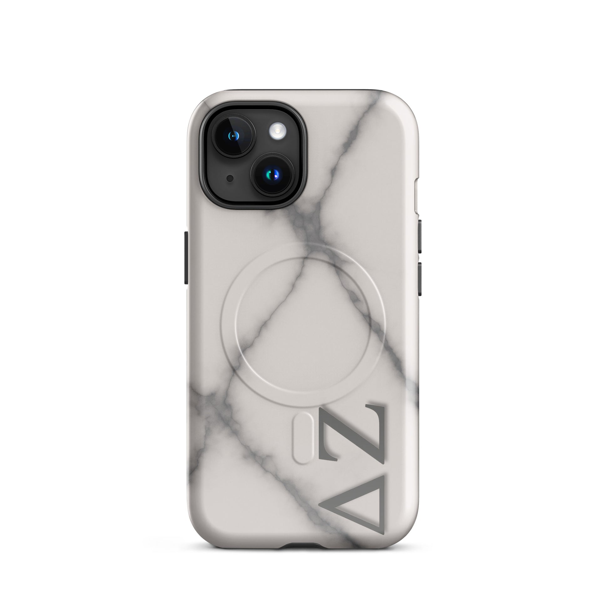 Delta Zeta marble iPhone case with white gray stone pattern and ΔΖ Greek letters