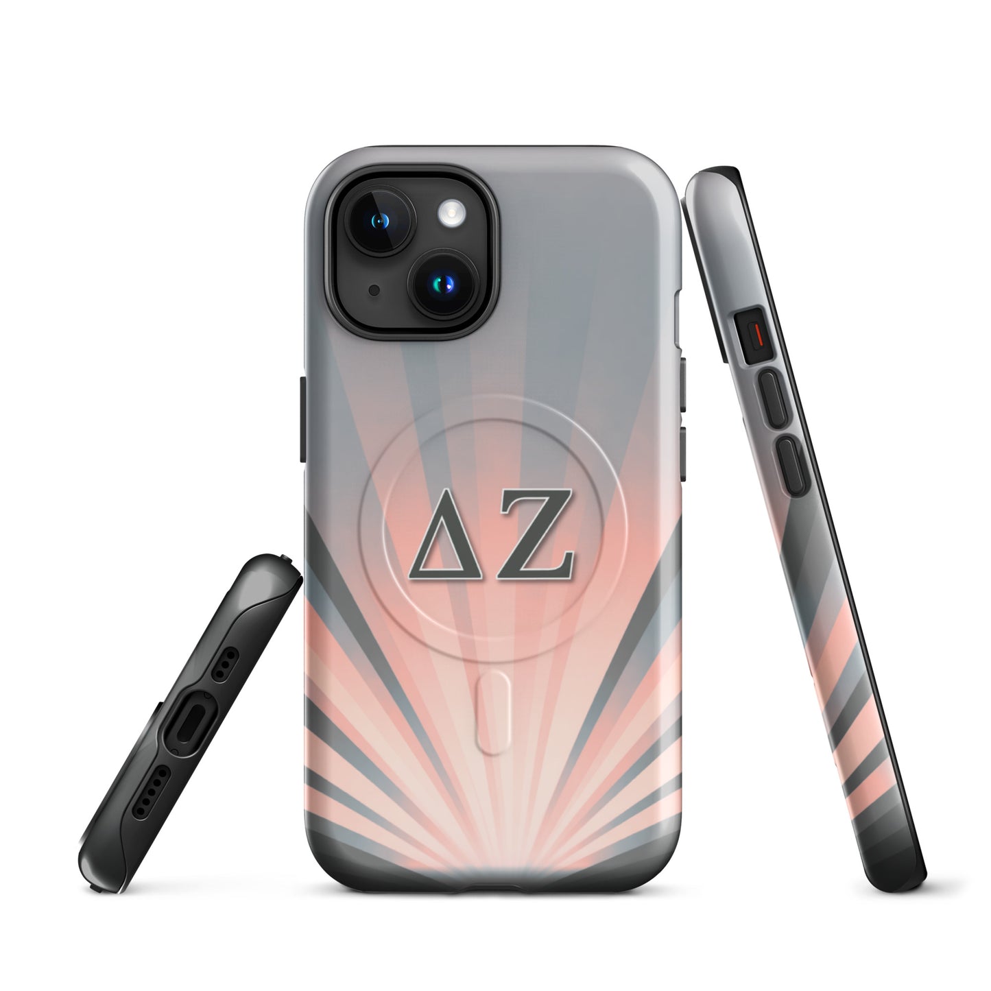 Delta Zeta iPhone MagSafe case pink and gray sunburst with ΔΖ Greek letters glossy or matte finish front and side views
