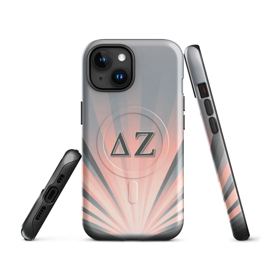 Delta Zeta iPhone MagSafe case pink and gray sunburst with ΔΖ Greek letters glossy or matte finish front and side views