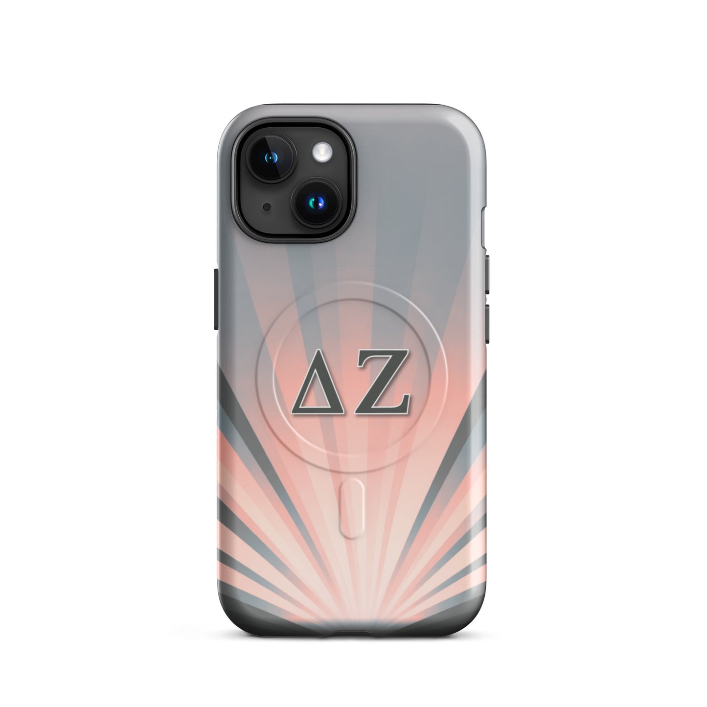 Delta Zeta matte iPhone case with soft pink and gray rays and ΔΖ letters MagSafe tough cover