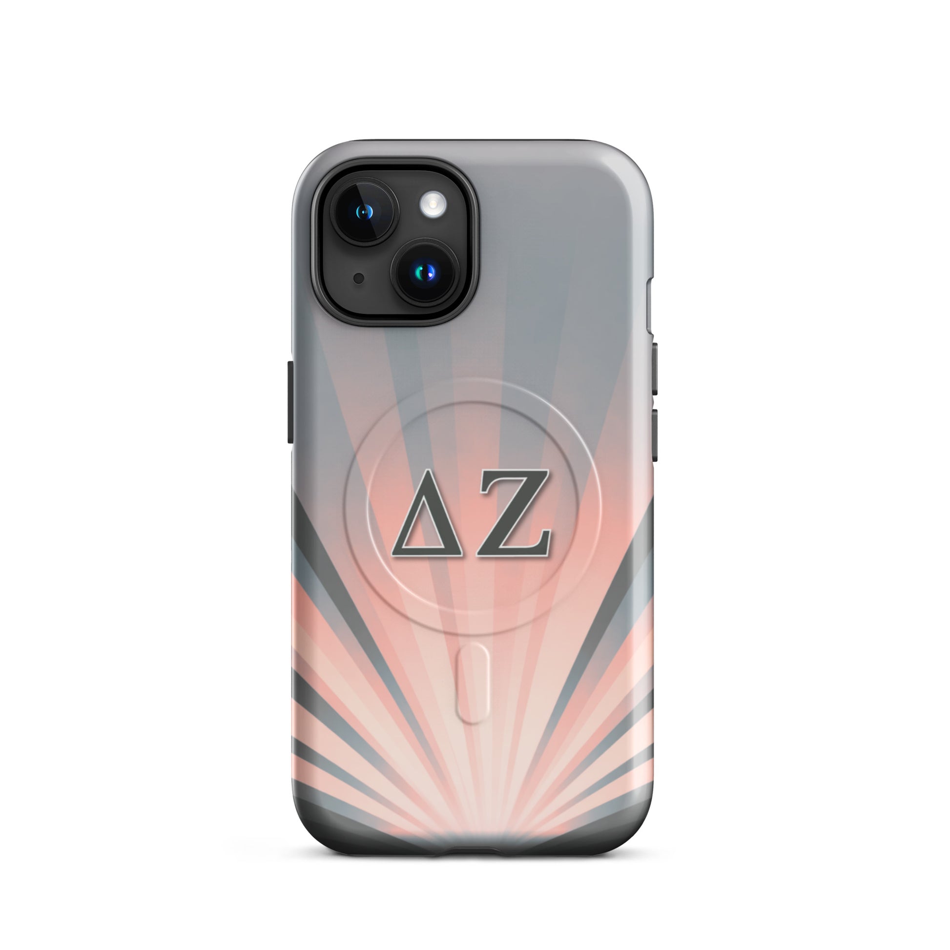 Delta Zeta matte iPhone case with soft pink and gray rays and ΔΖ letters MagSafe tough cover