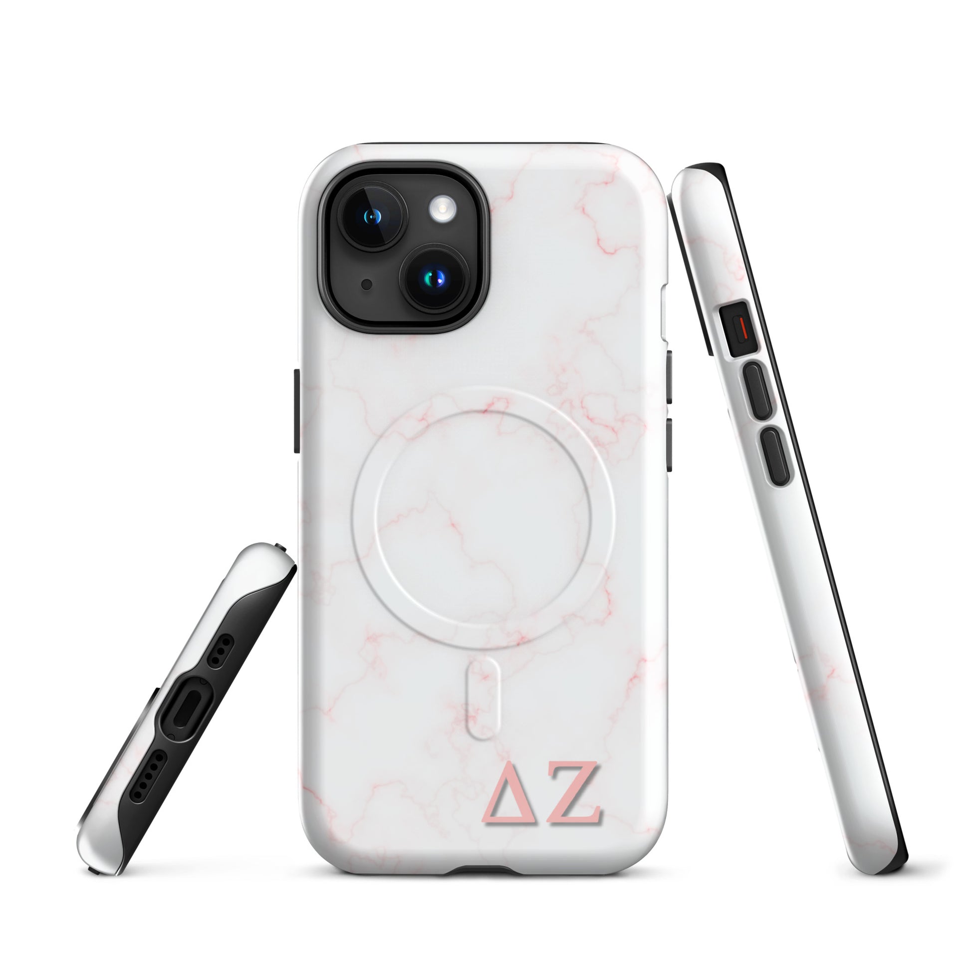 Delta Zeta pink marble iPhone MagSafe case with ΔΖ letters glossy or matte front and side views.