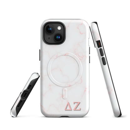 Delta Zeta pink marble iPhone MagSafe case with ΔΖ letters glossy or matte front and side views.
