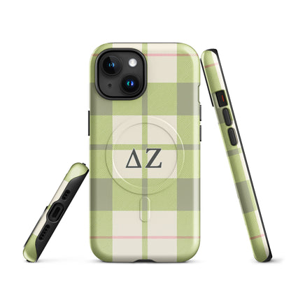 Delta Zeta green plaid iPhone MagSafe case with ΔΖ letters glossy or matte front and side view.