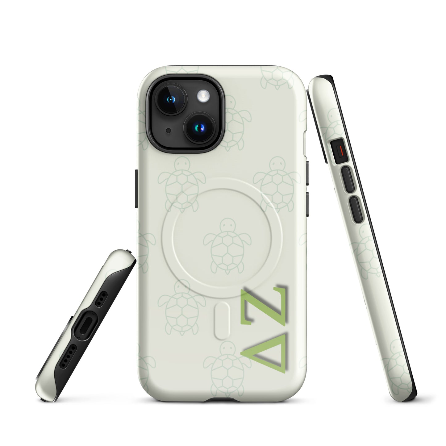 Delta Zeta turtle pattern iPhone MagSafe case with ΔΖ letters glossy or matte front and side views.