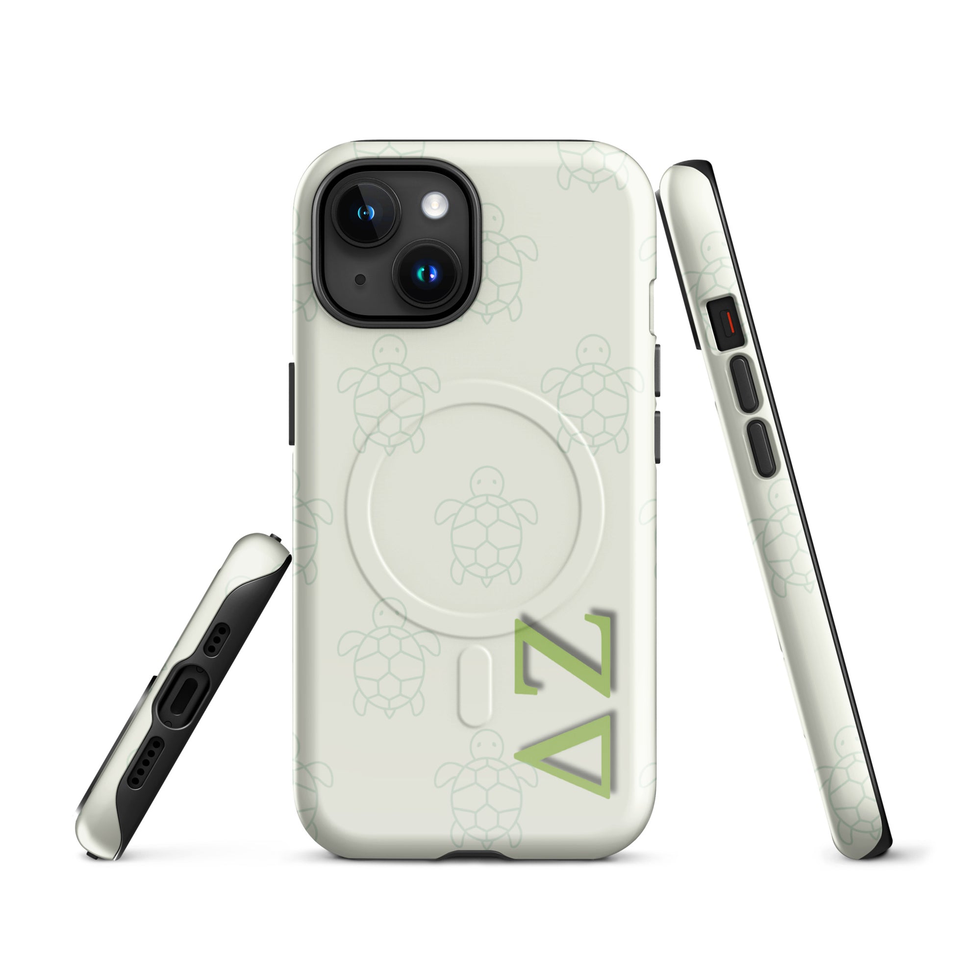 Delta Zeta turtle pattern iPhone MagSafe case with ΔΖ letters glossy or matte front and side views.