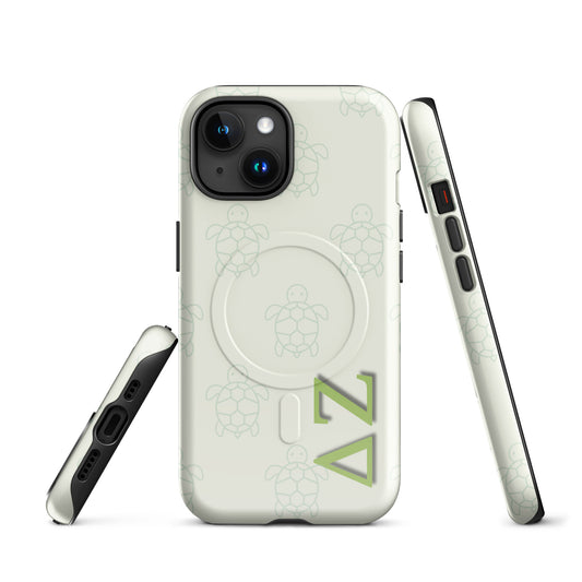 Delta Zeta turtle pattern iPhone MagSafe case with ΔΖ letters glossy or matte front and side views.